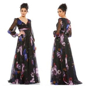 Mac Duggal 67872 NWT FLORAL PRINT CHIFFON LONG SLEEVE MAXI DRESS